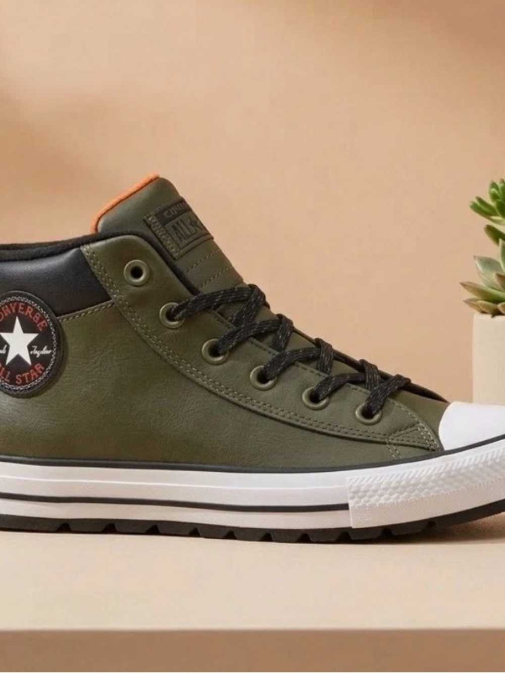Converse Leather Mid-Top Sneakers in Olive Green with Black Trim